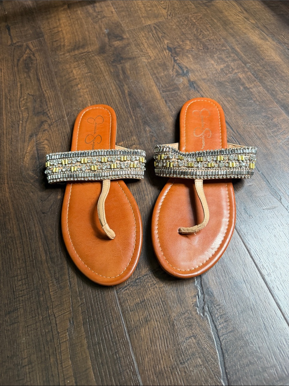 Jessica Simpson Tan Leather Beaded Thong Sandals